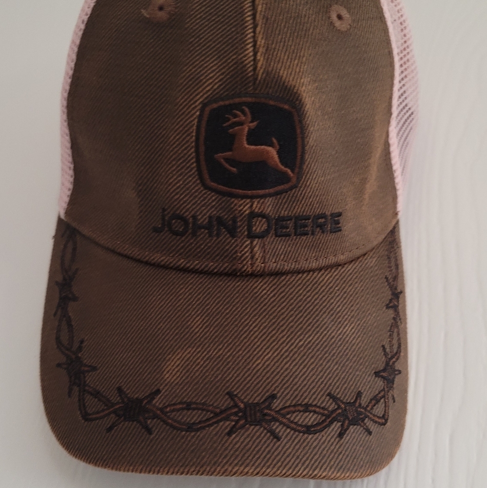 John Deere Embroidered Brown Pink Trucker Hat Barbed Wire Snapback